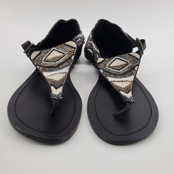 Aspiga Black Silver White T-Strap Hand-beaded Ankle Cuff Sandals Buckle Clasp 38 - Picture 5 of 11